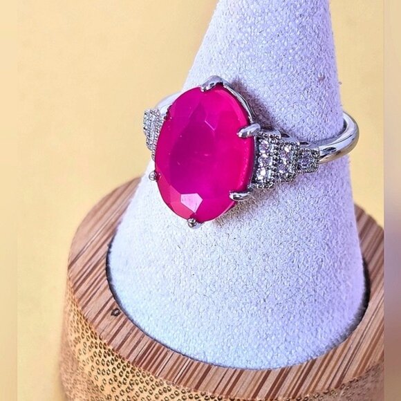 925 Sterling Silver Ring Sz 7.75 with Natural Chalcedony & Cz - Picture 3 of 10